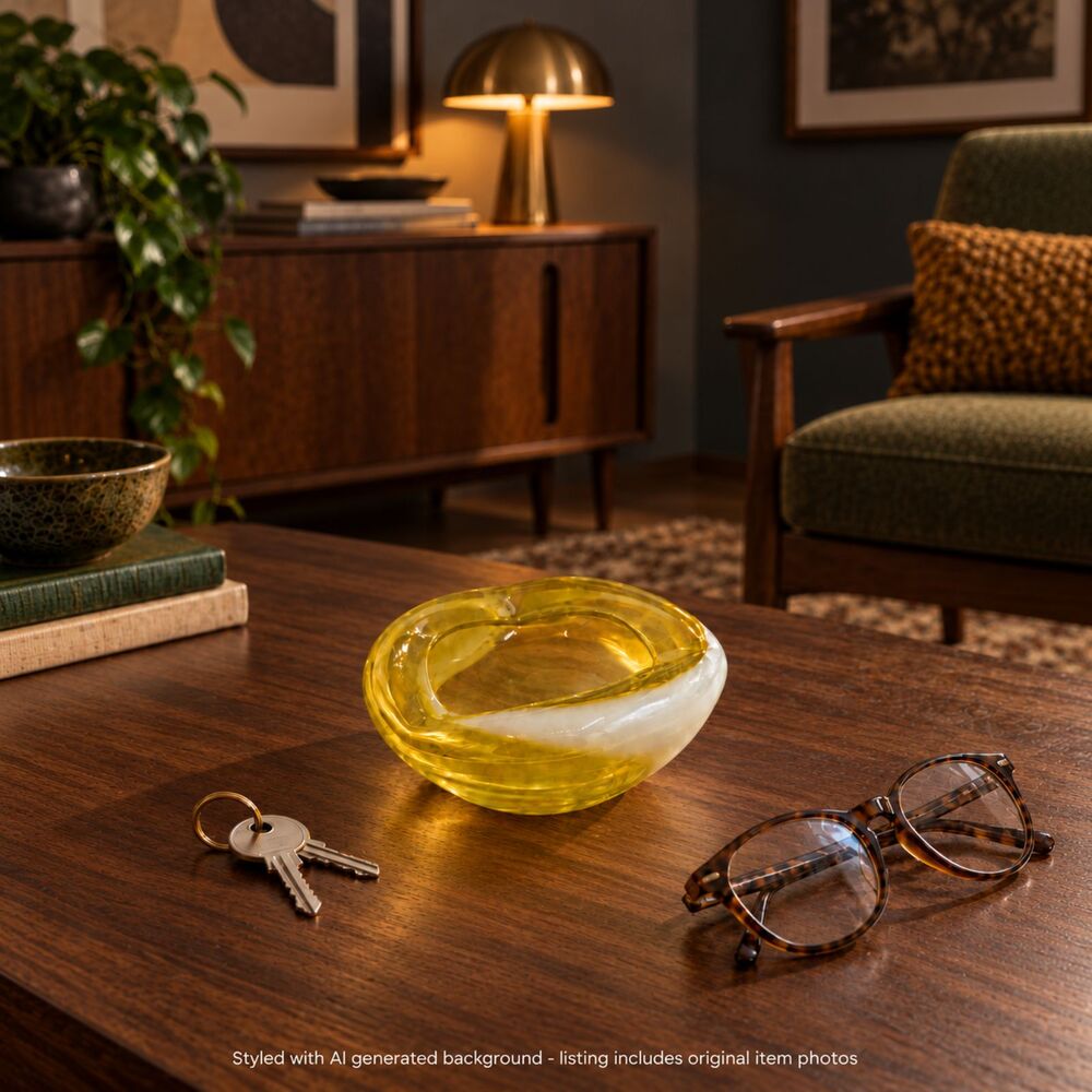 Vintage Yellow Art Glass Bowl White Swirl Murano Style Geode Ashtray 1970s